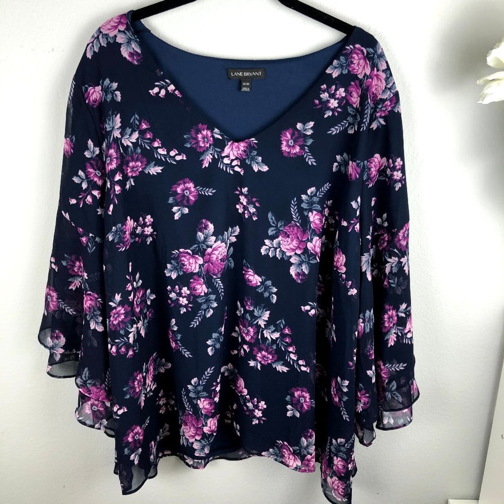 Lane Bryant Floral Bell Sleeve Top, Sz 22/24